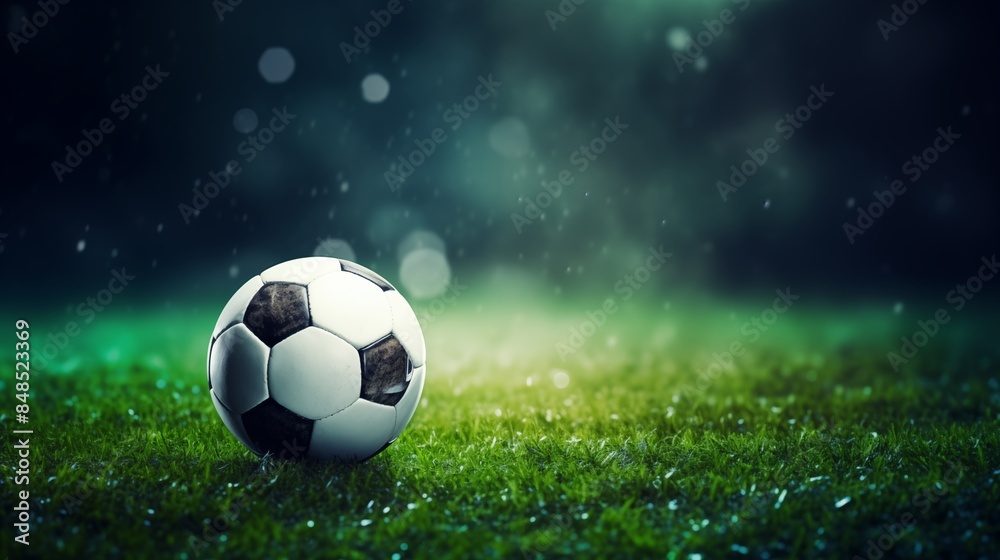 Fototapeta premium Soccer ball on a grassy field during a misty, rainy night