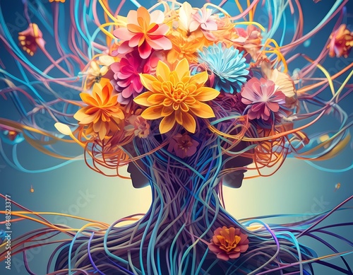 Mental Health Head and flowerr garden on it. Concept illustration.  generative AI image photo