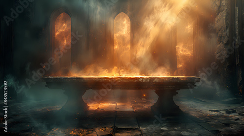 Mystical ancient altar bathed in golden light, ideal for fantasy game backgrounds, mysterious storytelling, or historical themes