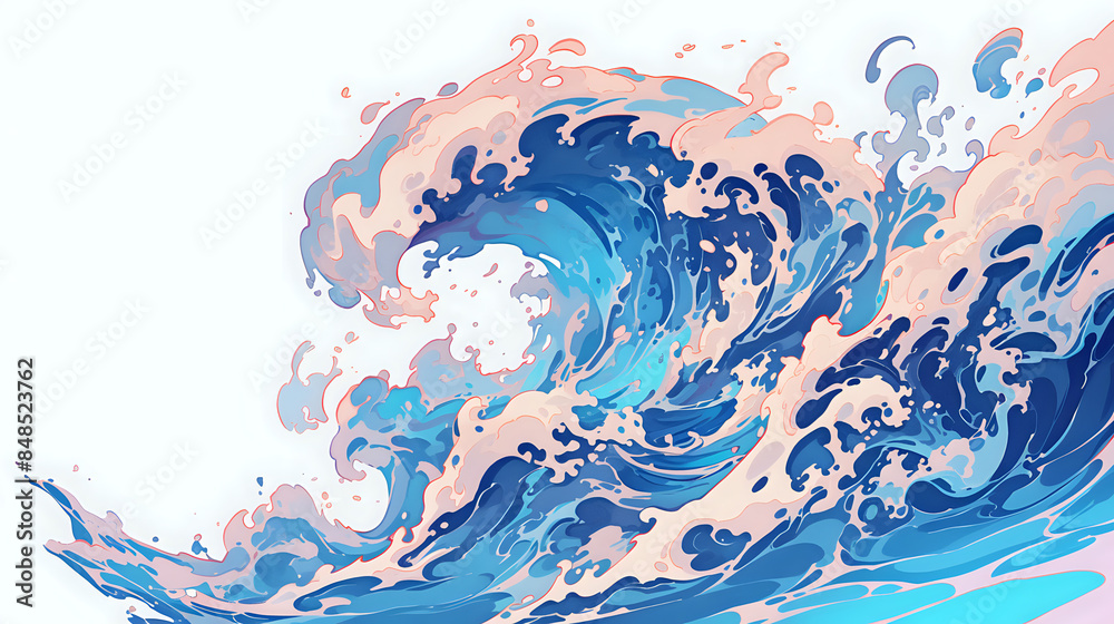 A striking digital illustration of an ocean wave in vibrant shades of blue and pink against a white background. This artwork captures the dynamic motion of the sea, evoking a sense of power A striking digital illustration of an ocean wave in vibrant shades of blue and pink against a white background. This artwork captures the dynamic motion of the sea, evoking a sense of power