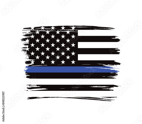 Thin blue line american flag, grunge vector graphic design