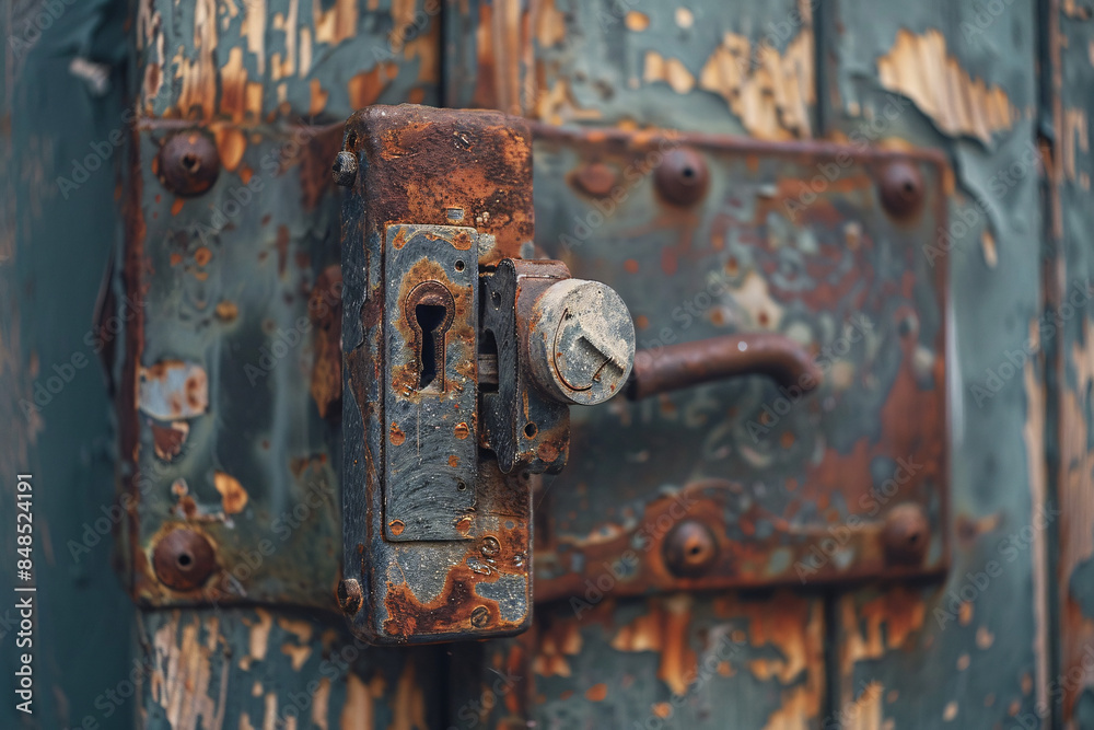 Detailed Image of Old Door Lock and Handle, Visible Aging, Peeling Paint, and Intricate Design, Soft Focus Background with Foliage Adding Depth Detailed Image of Old Door Lock and Handle, Visible Aging, Peeling Paint, and Intricate Design, Soft Focus Background with Foliage Adding Depth