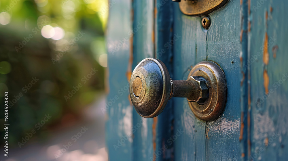 Detailed Image of Old Door Lock and Handle, Visible Aging, Peeling Paint, and Intricate Design, Soft Focus Background with Foliage Adding Depth Detailed Image of Old Door Lock and Handle, Visible Aging, Peeling Paint, and Intricate Design, Soft Focus Background with Foliage Adding Depth