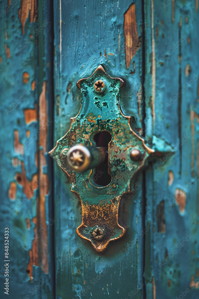 Detailed Image of Old Door Lock and Handle, Visible Aging, Peeling Paint, and Intricate Design, Soft Focus Background with Foliage Adding Depth Detailed Image of Old Door Lock and Handle, Visible Aging, Peeling Paint, and Intricate Design, Soft Focus Background with Foliage Adding Depth