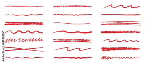 Chalk lines, charcoal highlight strokes doodle set. Pencil underlines, kids crayon strips, brush line in sketch style. Grunge texture. Hand drawn vector illustration isolated on white background