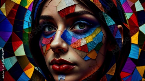 Woman with abstract painting face and stained glass background. Seamless loop.