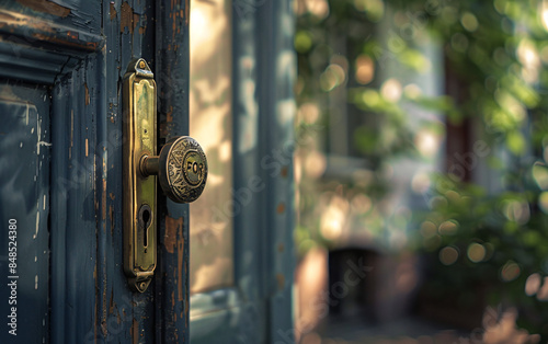 Detailed Image of Old Door Lock and Handle, Visible Aging, Peeling Paint, and Intricate Design, Soft Focus Background with Foliage Adding Depth © Vilius