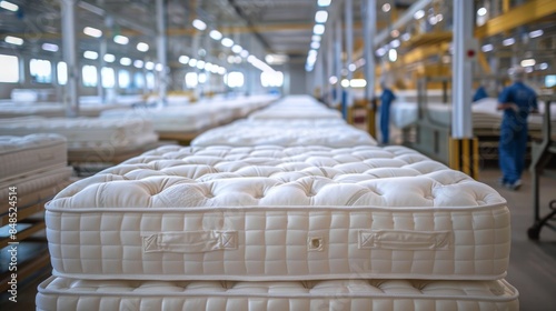 Row upon row of premium mattresses neatly lined up in a large factory showcasing scale and order photo