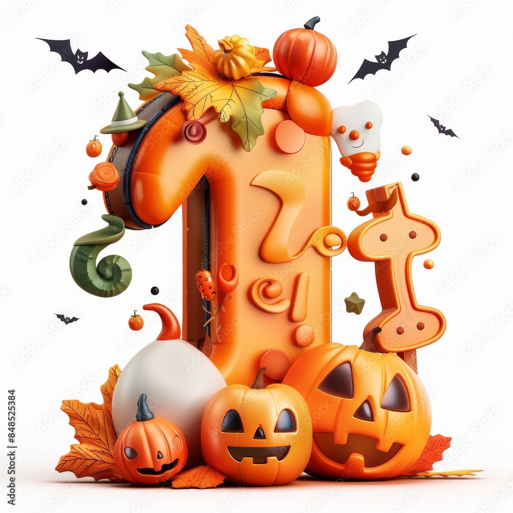Fototapeta premium Halloween number 1 with pumpkins and ghost. Autumn Halloween number 1 with pumpkins.