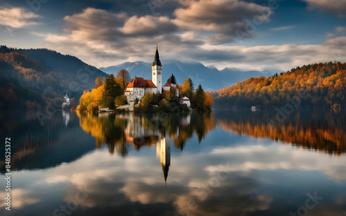 Stunning autumn panorama of Lake Bled, Slovenia photo