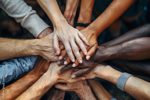 A diverse group of hands stacked together, symbolizing unity and teamwork. Ideal for themes of diversity, collaboration, and community building.