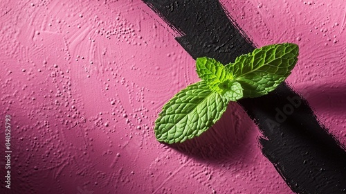 Single mint leaf isolated on pink and black background . Generative Ai