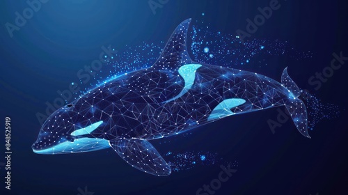 Sleek graphic with wireframe whale in low poly style. Futuristic whale with circuit big data technology. AI generated image © zipop