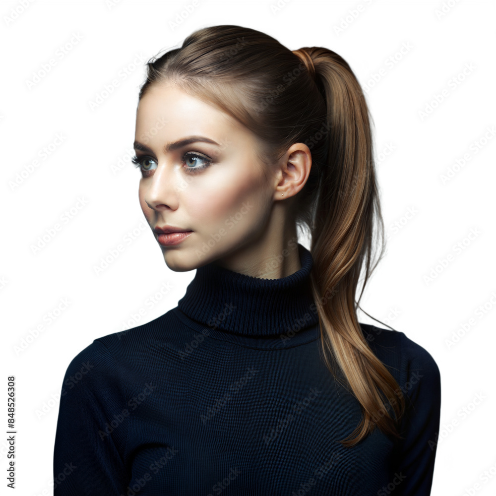Woman With Blonde Hair in a Black Turtleneck Looking to the Side on Transparent Background