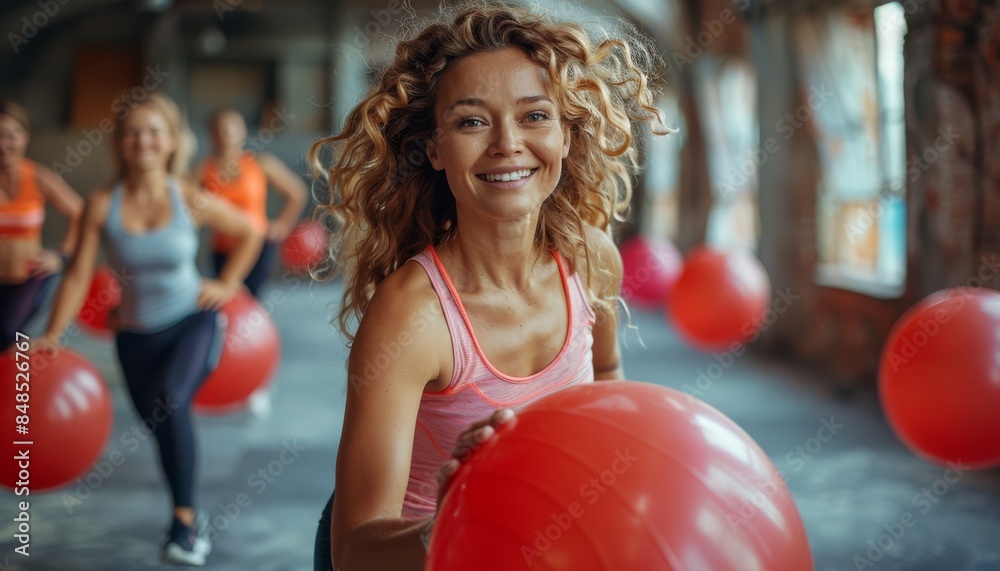 A middle-aged woman focused on exercising with a stability ball in a gym, demonstrating strength and determination. A middle-aged woman focused on exercising with a stability ball in a gym, demonstrating strength and determination.