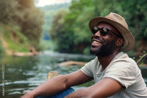 A Black man wearing a hat and sunglasses sits by a river and smiles happily © mattegg
