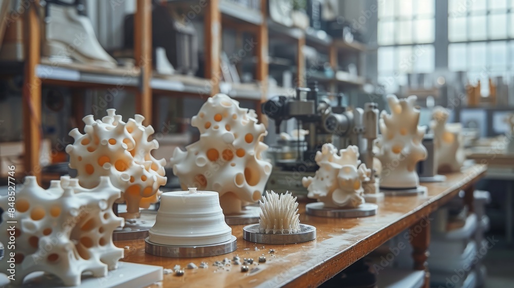 A workshop scene with ceramic sculptures created using 3D printing technology displayed on a wooden desk