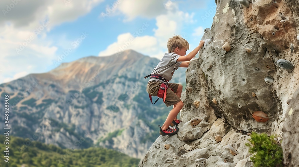 Fototapeta premium The child is climbing on a natural terrain A boy climbs a rock on a background of mountains Extreme hobby Athletic kid trains to be strong Rock climbing safety : Generative AI