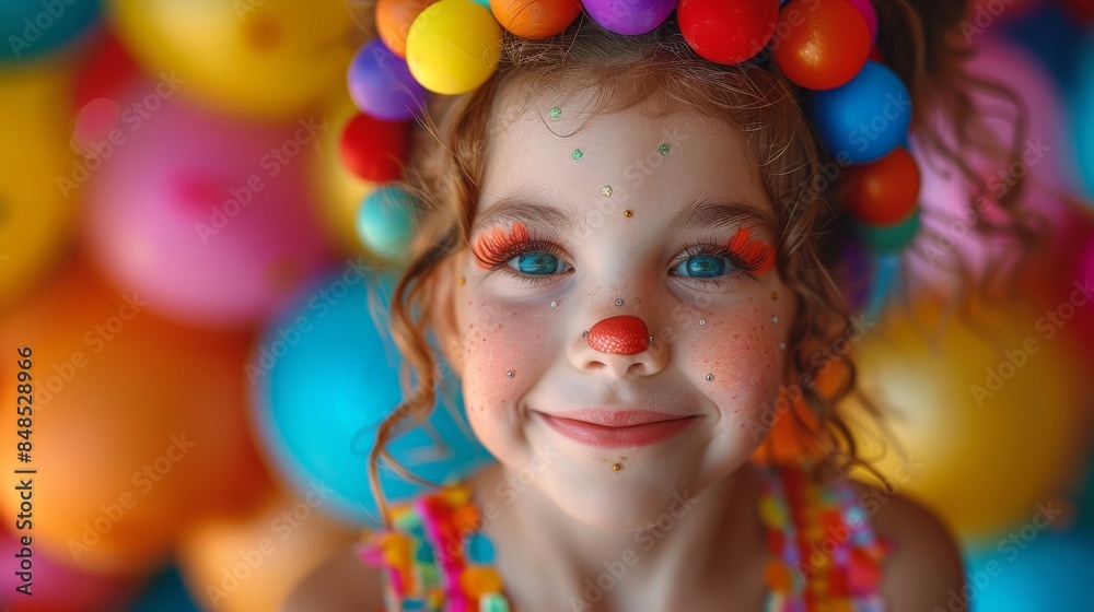 A young girl with clown makeup and accessories poses amidst a backdrop of colorful balloons A young girl with clown makeup and accessories poses amidst a backdrop of colorful balloons