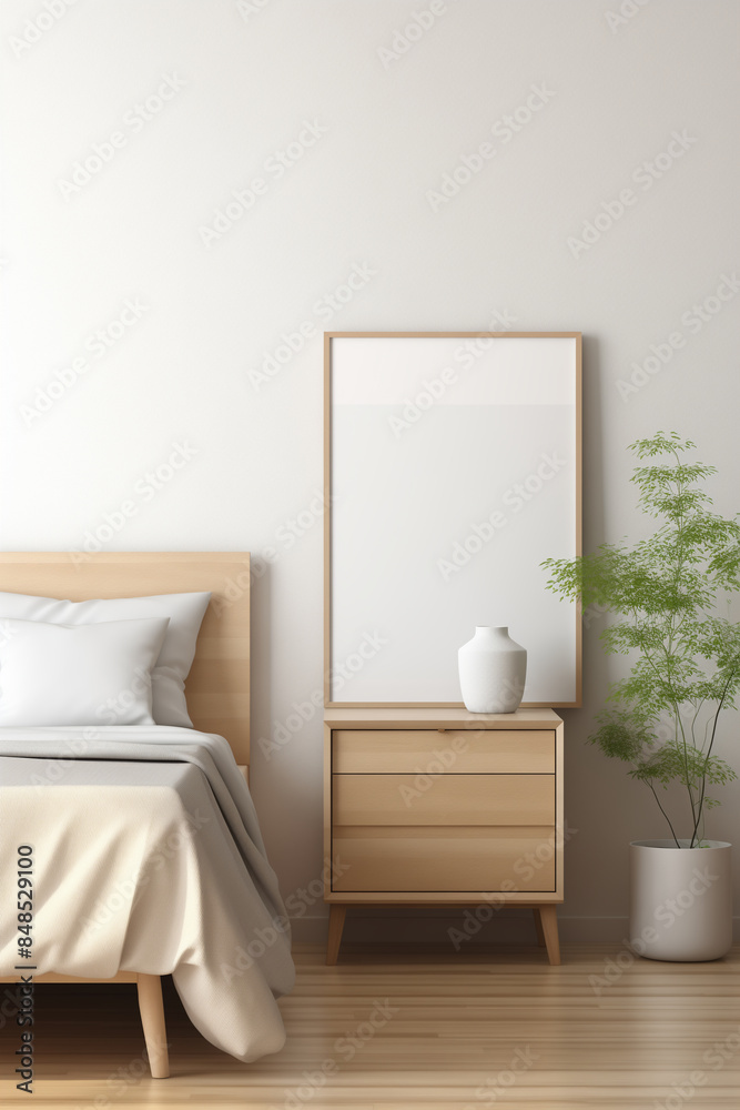 thin a4 sized frame mockup on a drawer leaning against a bedroom wall, reflections of windows, tilted side view, angle shot thin a4 sized frame mockup on a drawer leaning against a bedroom wall, reflections of windows, tilted side view, angle shot