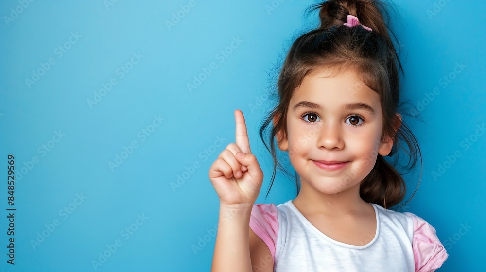 Everything begins with an idea Happy child keep finger up blue background Back to school idea Child face horizontal poster teenager girl isolated portrait banner with copy space : Generative AI Everything begins with an idea Happy child keep finger up blue background Back to school idea Child face horizontal poster teenager girl isolated portrait banner with copy space : Generative AI