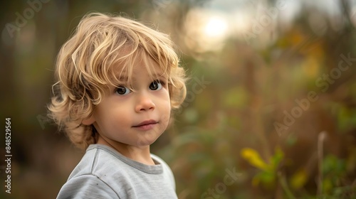 Candid blond little boy child outside : Generative AI