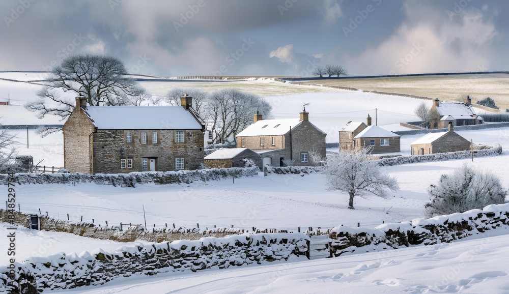 A view of the beautiful winter countryside in Yorkshire, with snowy fields and stone farmhouses A view of the beautiful winter countryside in Yorkshire, with snowy fields and stone farmhouses