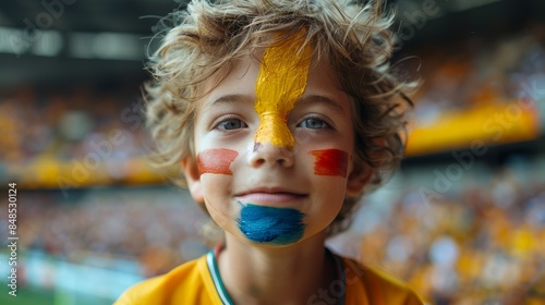 A young soccer fan with his face painted with team colors stands in a stadium, portraying excitement and team spirit
