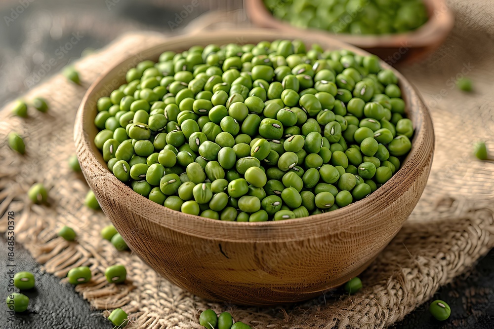 A wooden bowl filled with green peas on top of a table A wooden bowl filled with green peas on top of a table