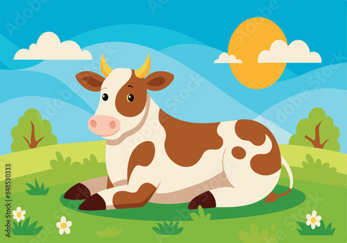 Cartoon cow relaxing in green pasture on a sunny day