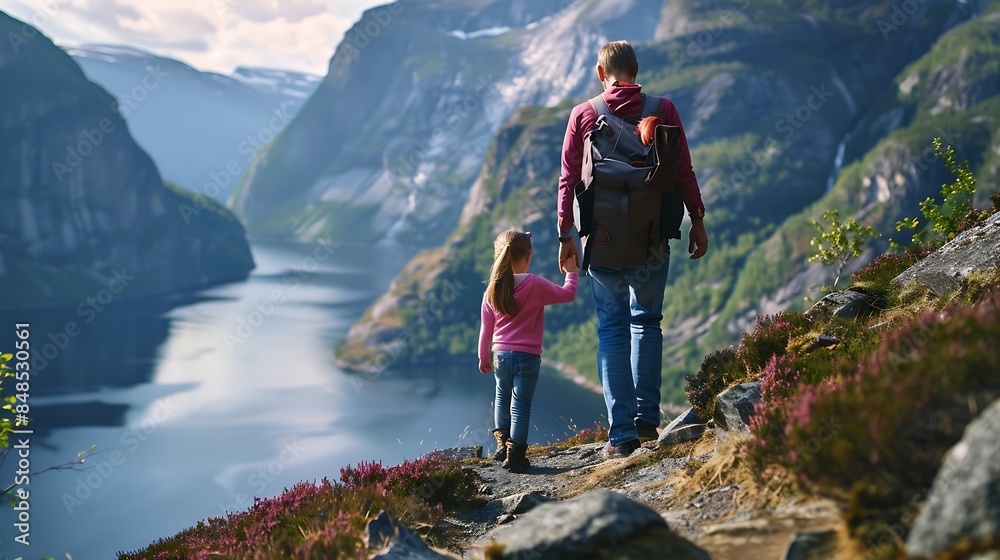 Obraz premium Father and child hiking in Norway traveling together summer vacations adventure trip healthy lifestyle outdoor active dad and daughter kid with backpack enjoying sunset fjord and mount : Generative AI