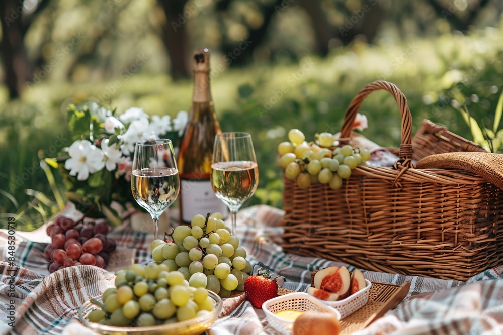 Picnic basket with fruit and vegetables on a blanket in the park. Summer picnic with fresh fruits in the garden. Picnic basket with fruit and vegetables on a blanket in the park. Summer picnic with fresh fruits in the garden.