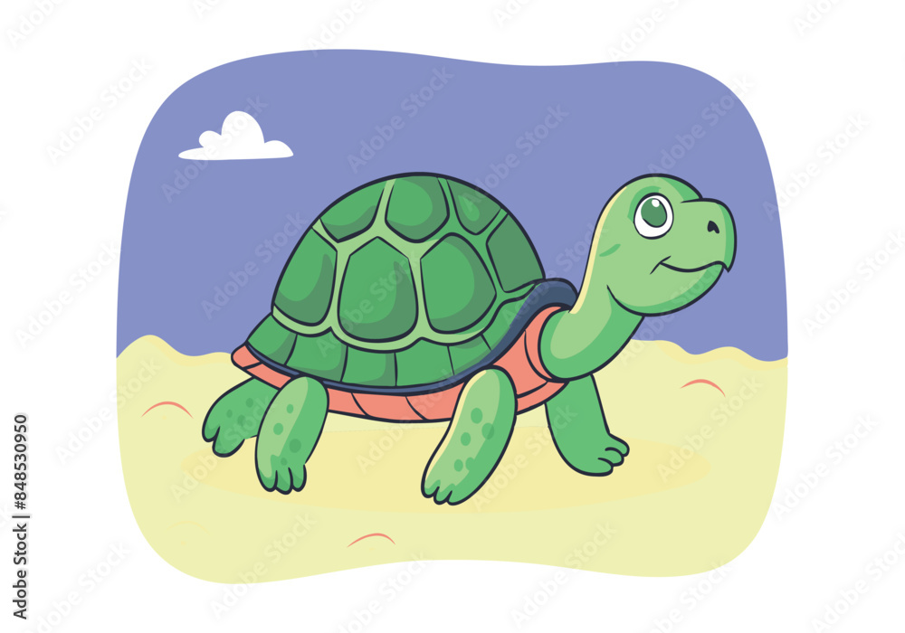 Obraz premium Cute cartoon turtle walking on sand under a blue sky
