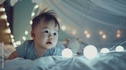 Face baby and playing in bed on portrait in nursery for fun relax and enjoy at home Kid boy and growth or child development in bedroom with childhood memories chill and infant or toddl : Generative AI photo