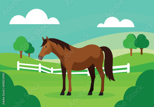 Cartoon horse standing in green countryside with trees and fence