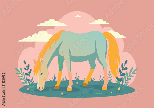 Colorful illustration of a grazing horse in a serene meadow