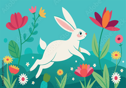 Cute white rabbit hopping through a colorful floral meadow © GMZ