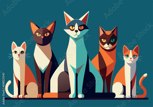 Colorful illustrated group of cats sitting together in a row