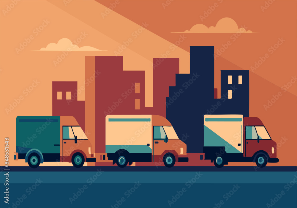 Urban cargo trucks driving past city skyline at sunset