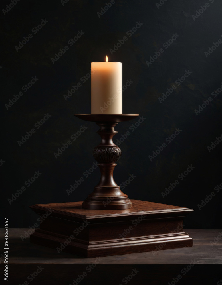 Burning candle in a beautiful metal candle holder on a wooden stand Burning candle in a beautiful metal candle holder on a wooden stand
