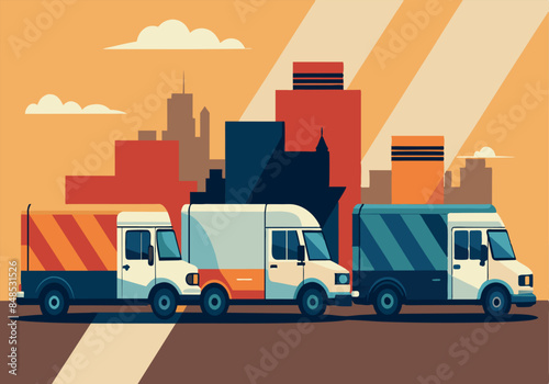 Vector illustration of delivery trucks in an urban setting