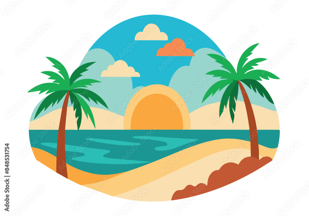 Fototapeta premium Scenic beach sunset with palm trees and ocean view illustration