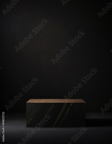 Wooden square pedestal for product display on dark brown background