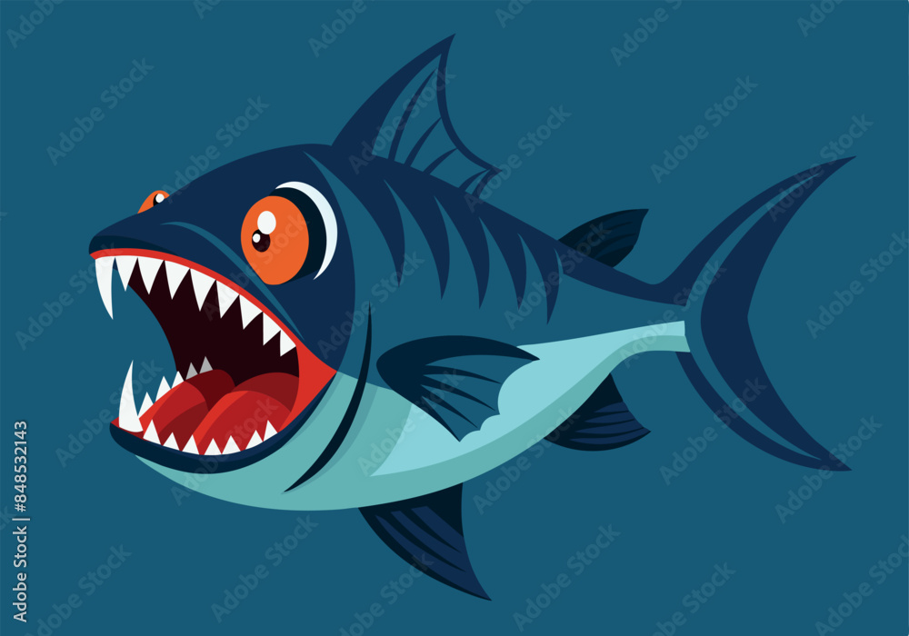 Cartoon aggressive fish with sharp teeth in blue ocean
