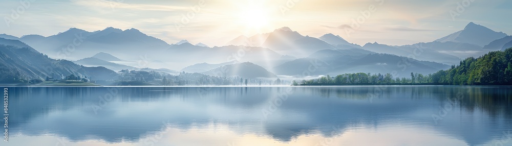 Fototapeta premium Serene sunrise over a tranquil lake, surrounded by misty mountains and calm waters, reflecting the picturesque landscape.