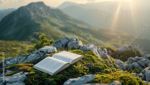 Open book lies on moss-covered rocks amidst stunning mountain scenery, capturing serene nature and the love for reading in the great outdoors. photo