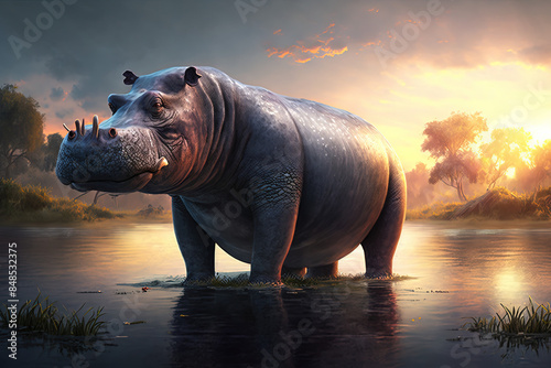 hippopotamus at sunset