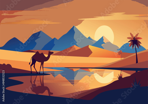Sunset desert landscape with camel reflection in oasis