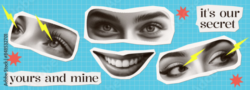 eyes concept design set with cut-out collage style graphic elements face parts isolated retro pop art halftone effect old newspaper print