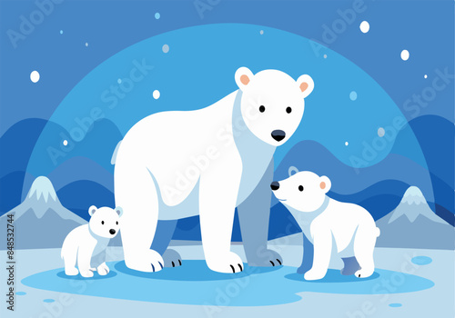 Polar bear family in snowy arctic landscape illustration